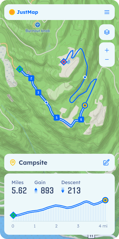 JustMap app interface showing route map with waypoints